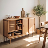 Solid Wood Console Table with Sliding Doors – Handmade Natural Finish Storage Cabinet