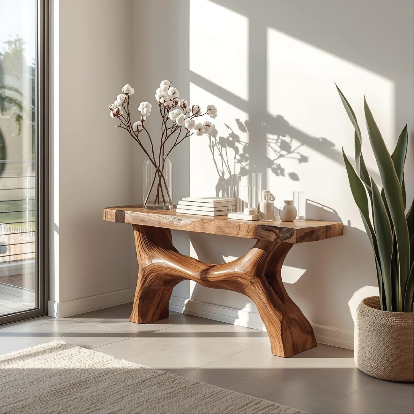 Handcrafted Solid Wood Console Table with Sculptural Base and Natural Live Edge Design