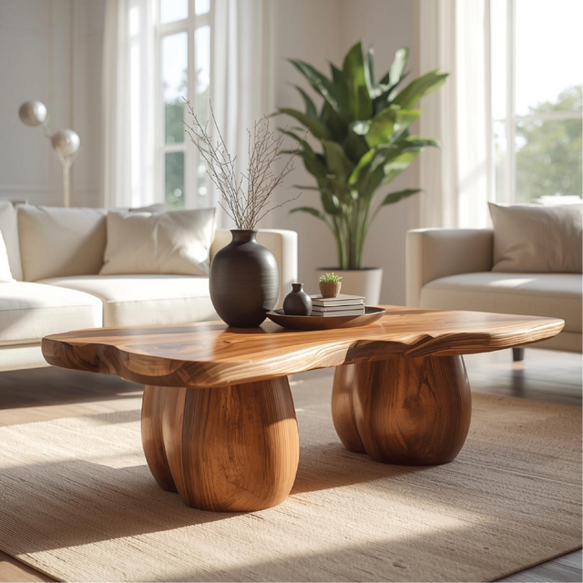 Handcrafted Solid Wood Coffee Table with Organic Curved Legs and Natural Live Edge Design
