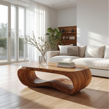 Handcrafted Solid Wood Coffee Table with Modern Curved Design and Natural Smooth Finish