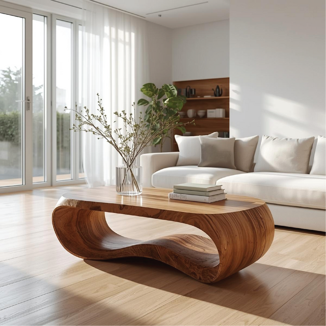 Handcrafted Solid Wood Coffee Table with Modern Curved Design and Natural Smooth Finish