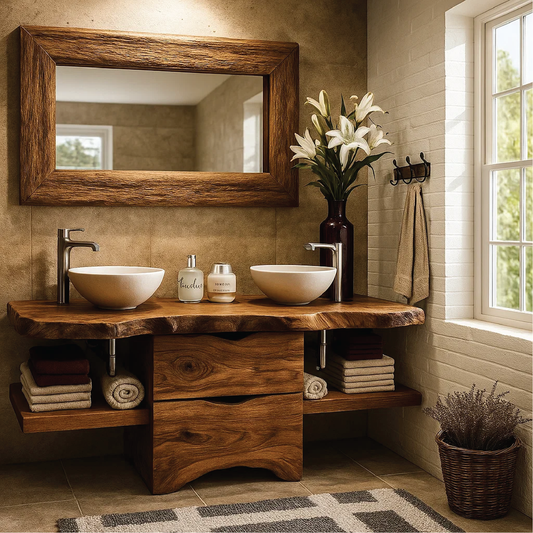 Handcrafted Double Bathroom Vanity in Solid Wood with Live Edge Top and Central Storage Drawers
