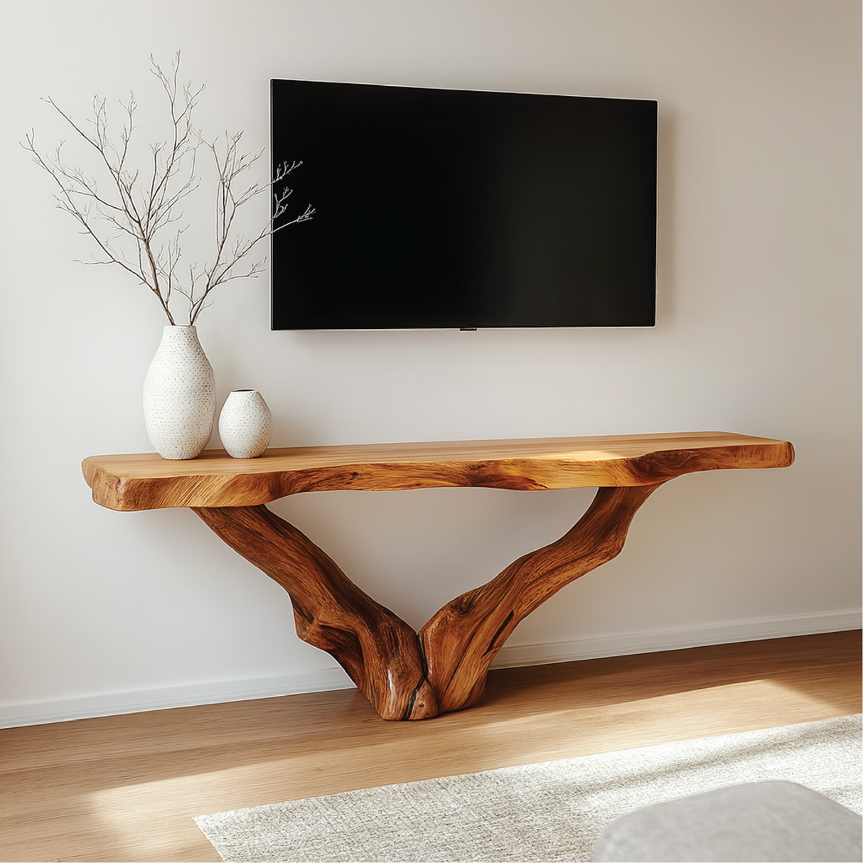 Handcrafted Solid Wood Console Table with Natural Root Base for Modern Organic Home Decor