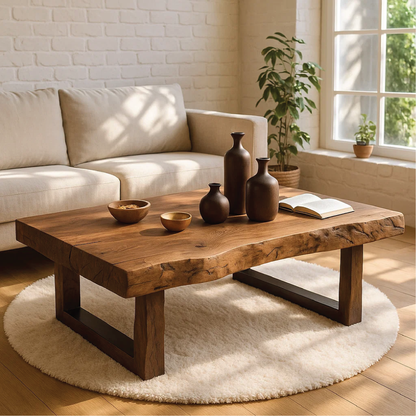 Handcrafted Solid Wood Coffee Table with Live Edge Top and Modern Minimalist Base Design