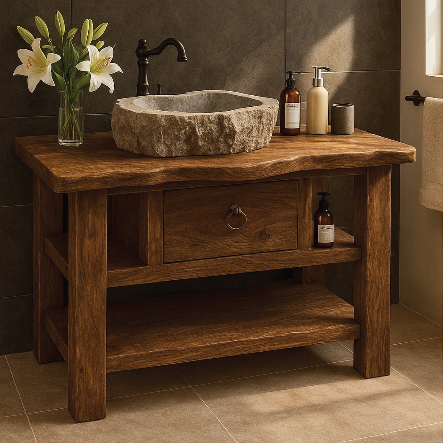 Handcrafted Solid Wood Bathroom Vanity with Drawer and Shelves for Rustic Natural Interior Design