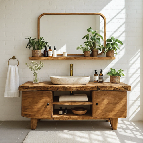 Handcrafted Solid Wood Bathroom Vanity with Live Edge Top and Natural Minimalist Design