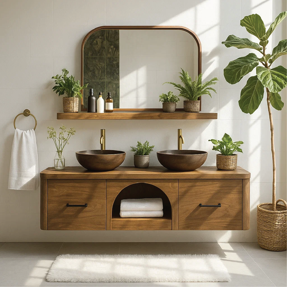 Handcrafted Solid Wood Double Floating Vanity – Arched Center Storage Design