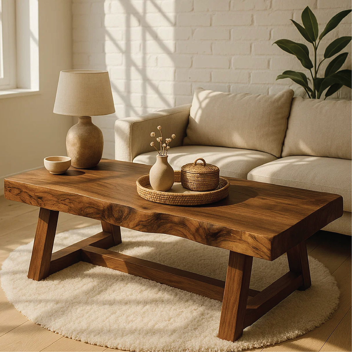 Handcrafted Solid Wood Coffee Table with Natural Live Edge and Angled Base for Modern Homes