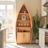 Handcrafted Solid Wood Boat-Shaped Dining Cabinet with Glass Rack and Lower Storage Doors