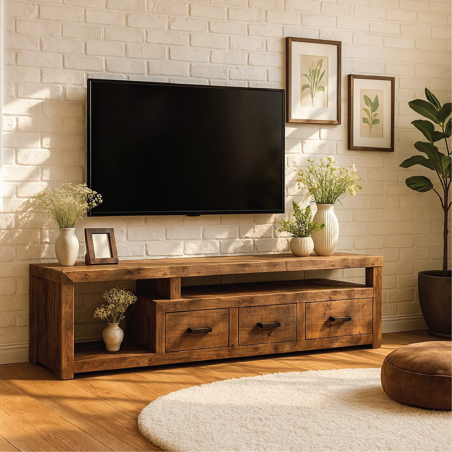 Handcrafted Solid Wood Rustic TV Stand – Farmhouse Style Media Console with Storage Drawers