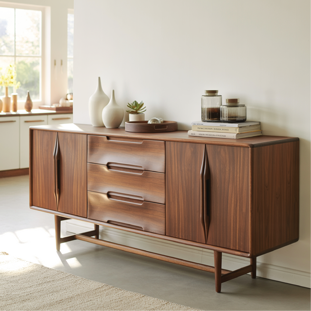 Handcrafted Solid Wood Dining Storage Sideboard with Sculpted Handles and Mid-Century Design