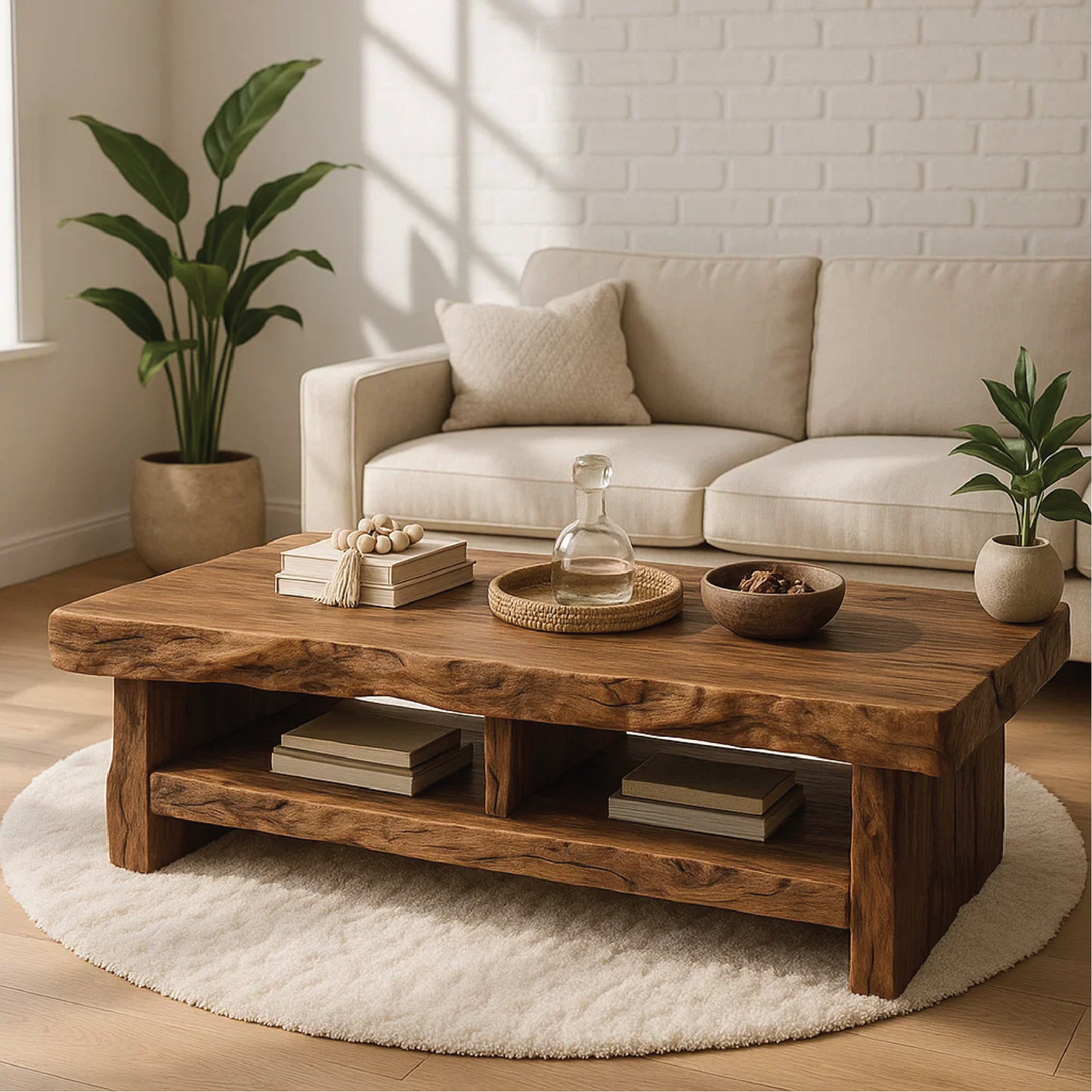 Handcrafted Solid Wood Coffee Table with Live Edge Design and Double Shelf for Storage