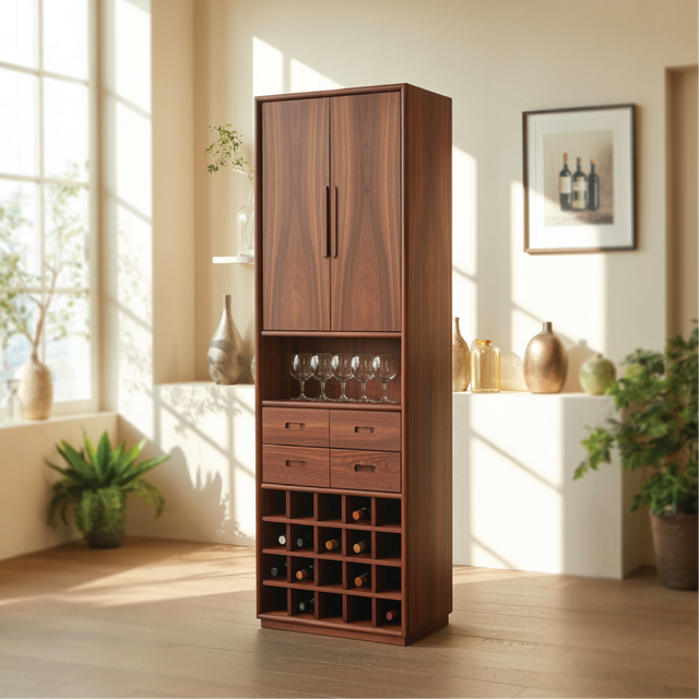 Handcrafted Solid Wood Dining Cabinet with Tall Doors, Wine Storage Grid and Four Drawers