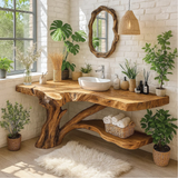 Handcrafted Solid Wood Bathroom Vanity with Natural Tree Trunk Base and Live Edge Design