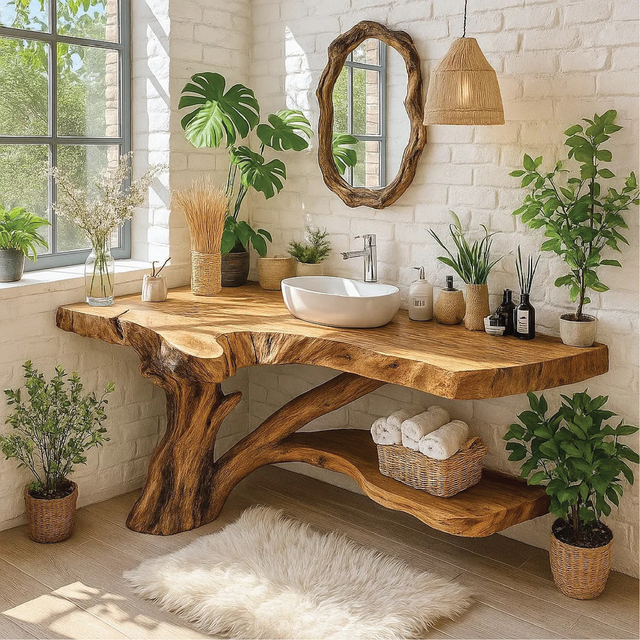 Handcrafted Solid Wood Bathroom Vanity with Natural Tree Trunk Base and Live Edge Design