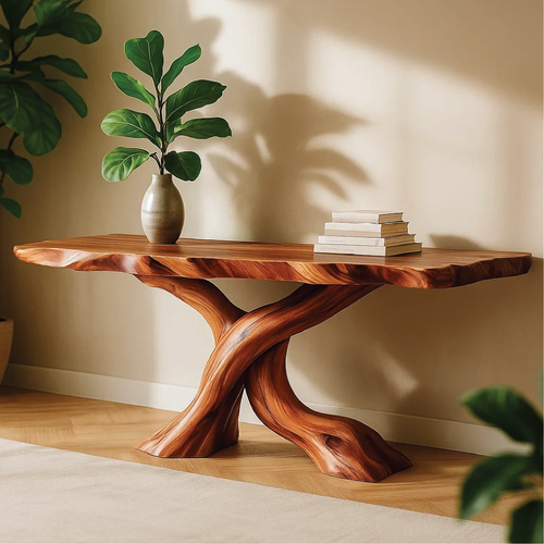 Handcrafted Solid Wood Tree Console Table with Twisted Base Design for Natural Modern Interiors