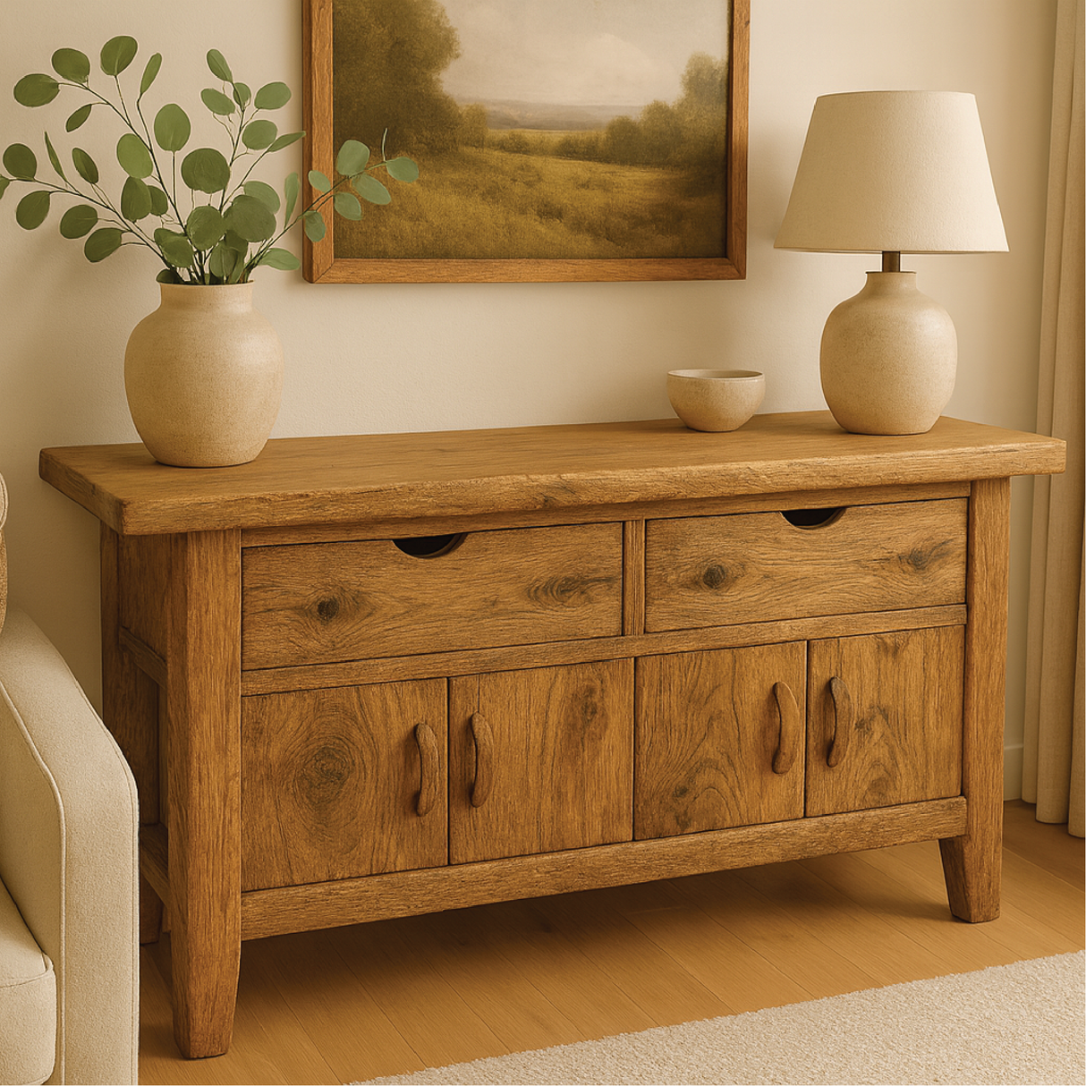 Handcrafted Solid Wood Console Table with Drawers and Cabinets for Rustic Modern Living Spaces
