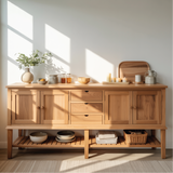 Handcrafted Solid Wood Dining Storage Sideboard with Open Lower Shelf and Multi-Drawer Design