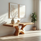Handcrafted Solid Wood Console Table with Sculptural Base and Natural Grain Live Edge Design