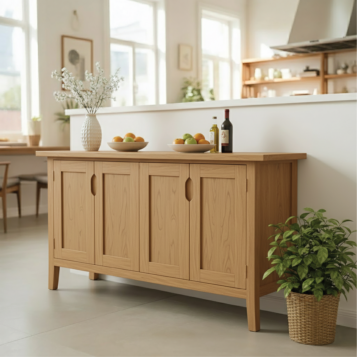 Handcrafted Solid Wood Dining Storage Cabinet with Four Paneled Doors for Modern Interiors