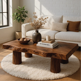 Handcrafted Solid Wood Coffee Table with Organic Live Edge and Cylindrical Leg Design