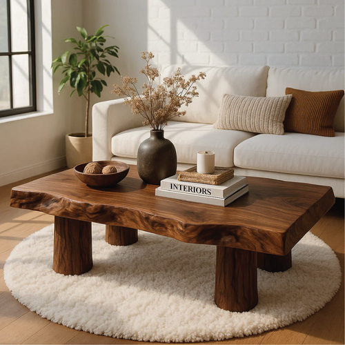 Handcrafted Solid Wood Coffee Table with Organic Live Edge and Cylindrical Leg Design