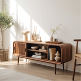 Solid Wood Console Table with Sliding Door – Handcrafted Mid-Century Storage & Display Shelf