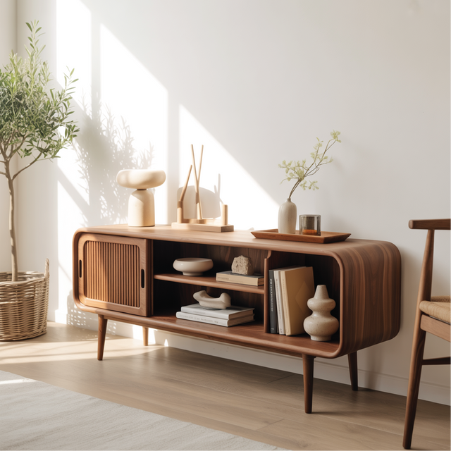 Solid Wood Console Table with Sliding Door – Handcrafted Mid-Century Storage & Display Shelf