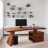 Handcrafted Solid Wood Work Desk – Live Edge Executive Office Table with Modern Asymmetric Base