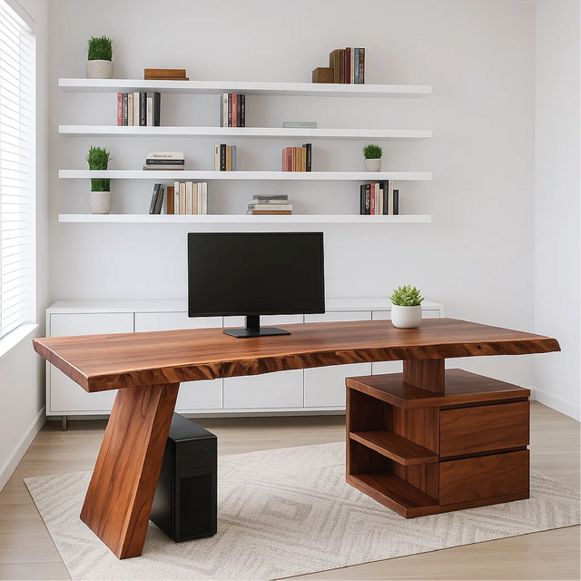 Handcrafted Solid Wood Work Desk – Live Edge Executive Office Table with Modern Asymmetric Base