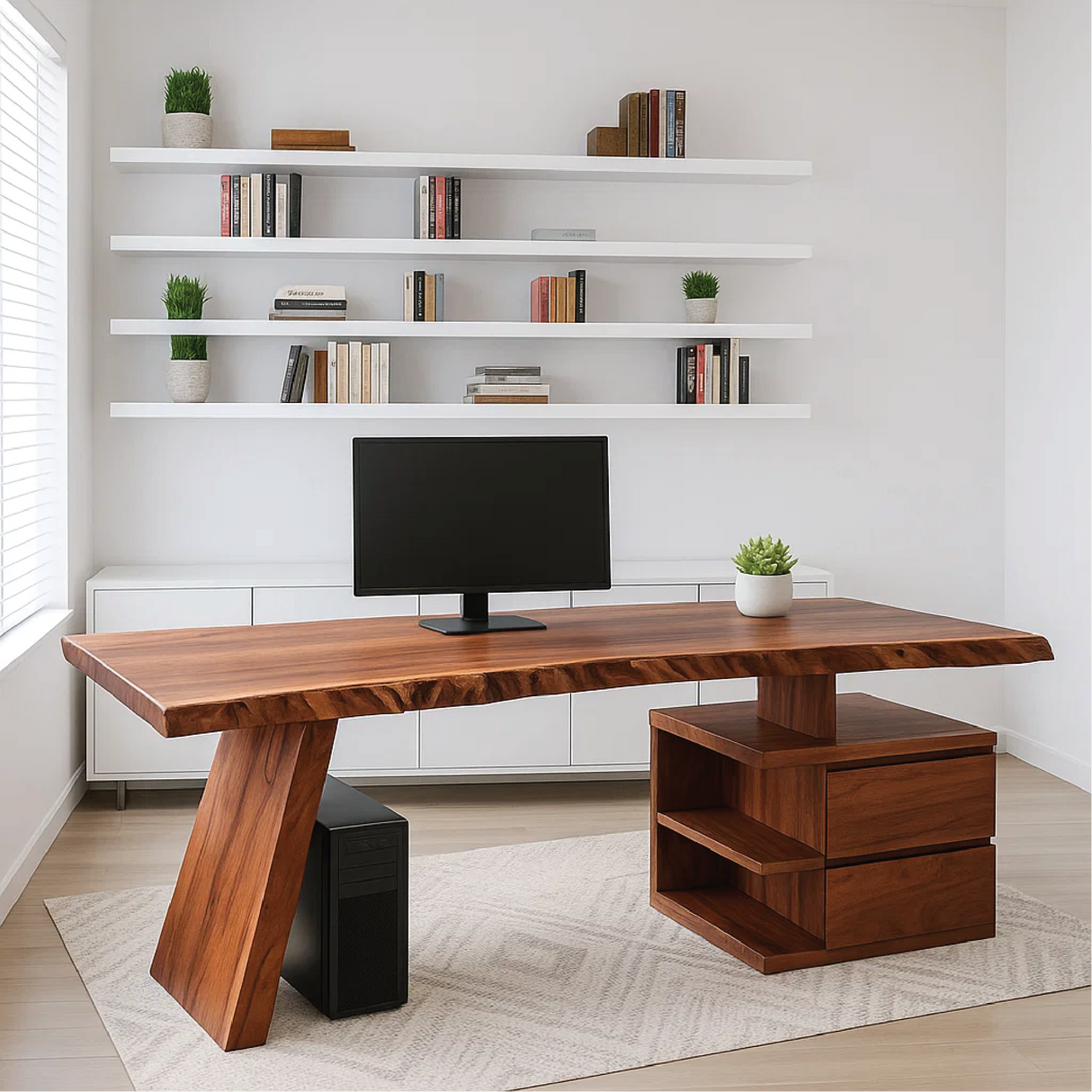 Handcrafted Solid Wood Work Desk – Live Edge Executive Office Table with Modern Asymmetric Base
