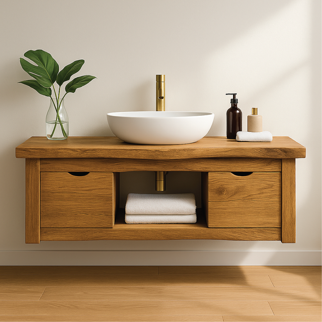 Handcrafted Solid Wood Floating Vanity with Minimalist Design and Dual Drawer Bathroom Storage
