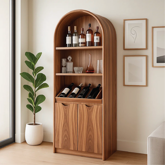 Solid Wood Arched Wine Storage Cabinet with Display Shelves and Bottle Organizer