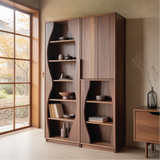 Handcrafted Solid Wood Dining Cabinet with Sculpted Curved Panels and Open Display Shelves