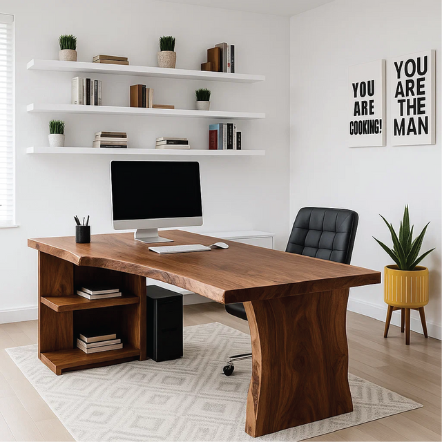 Handcrafted Solid Wood Office Desk – Live Edge Executive Work Table with Organic Curved Base Design