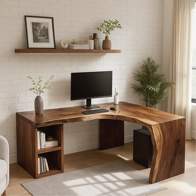 Handcrafted Solid Wood L-Shaped Work Desk – Live Edge Office Table with Modern Organic Design