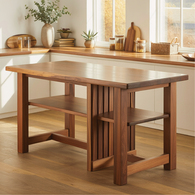 Handcrafted Solid Wood Dining Table with Open Storage Shelves for Modern Natural Kitchens