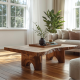 Handcrafted Solid Wood Coffee Table with Live Edge Top and Sculpted Block Legs Design