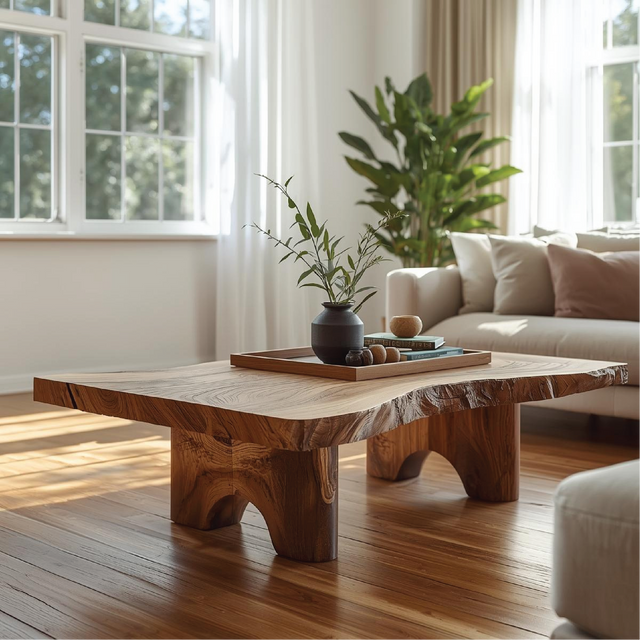 Handcrafted Solid Wood Coffee Table with Live Edge Top and Sculpted Block Legs Design