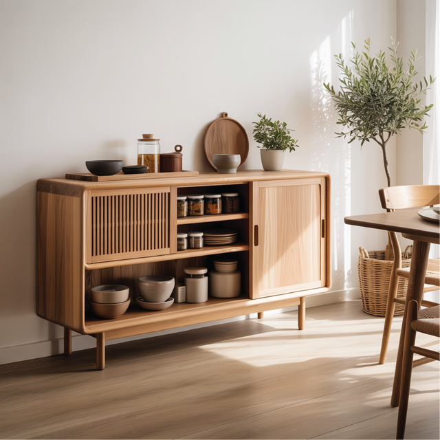 Solid Wood Console Table with Sliding Doors – Modern Handcrafted Storage for Dining Space