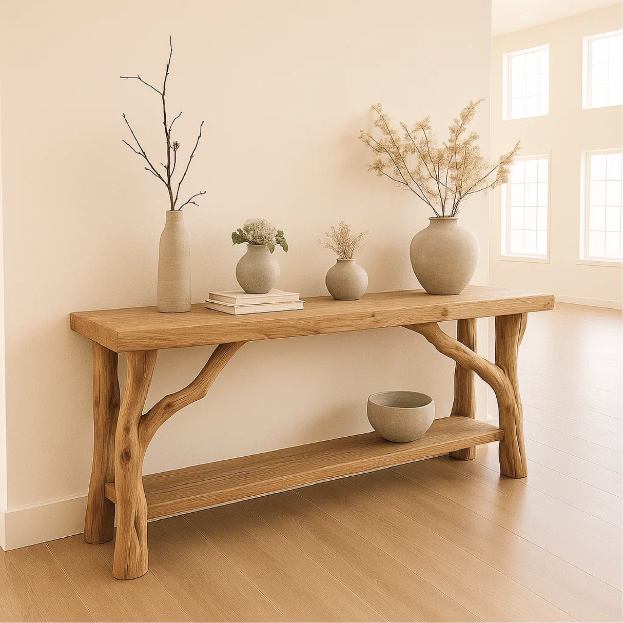 Handcrafted Solid Wood Console Table with Natural Branch Legs for Organic Minimalist Interiors