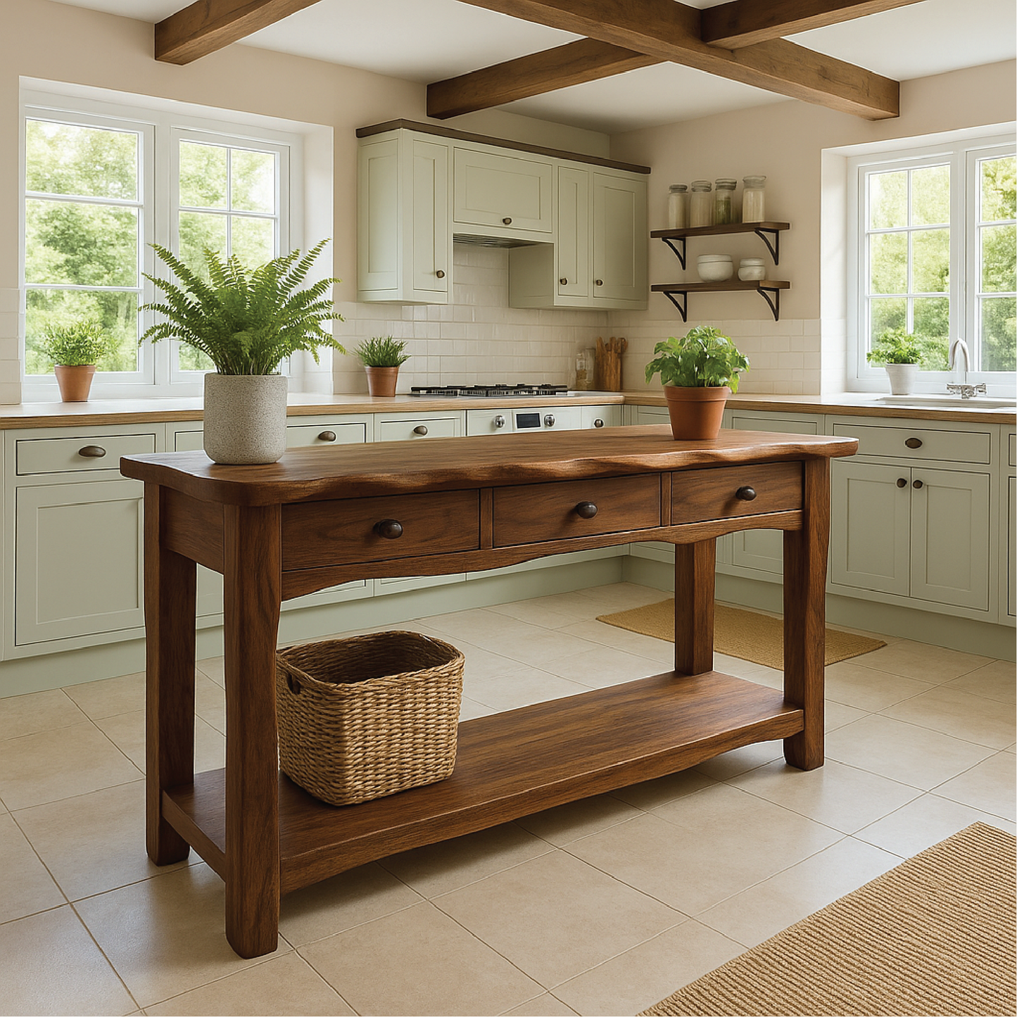 Handcrafted Solid Wood Console Table with Drawers and Shelf for Rustic Farmhouse Kitchen Decor