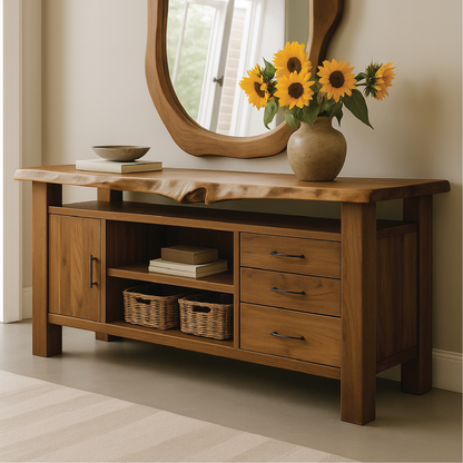 Handcrafted Solid Wood Console Table with Live Edge Top and Storage Drawers for Modern Interiors
