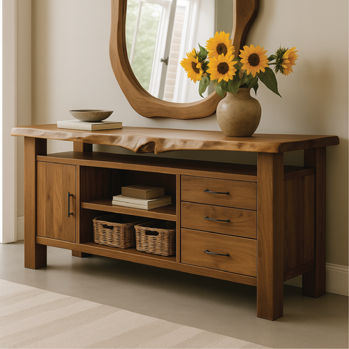 Handcrafted Solid Wood Console Table with Live Edge Top and Storage Drawers for Modern Interiors