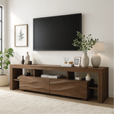 Handcrafted Solid Wood TV Stand – Modern Double-Layer Media Console with Wavy Drawer Design
