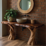 Handcrafted Solid Wood Bathroom Vanity with Natural Tree Trunk Legs and Live Edge Design