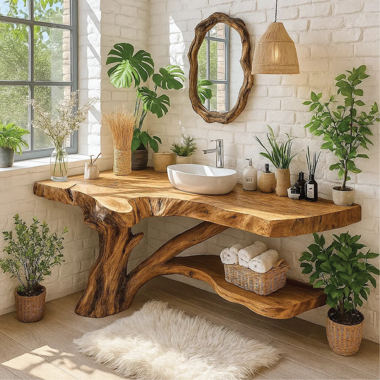 Handcrafted Solid Wood Bathroom Vanity with Natural Tree Trunk Base and Live Edge Design