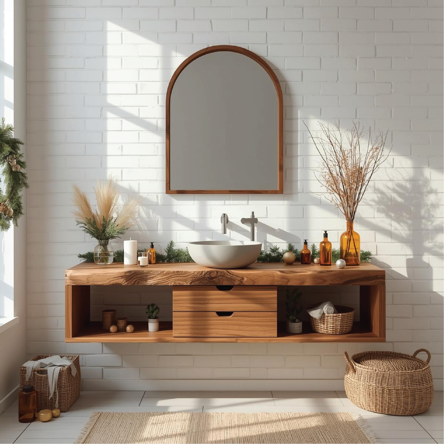 Handcrafted Solid Wood Floating Bathroom Vanity with Center Drawer and Natural Live Edge Design