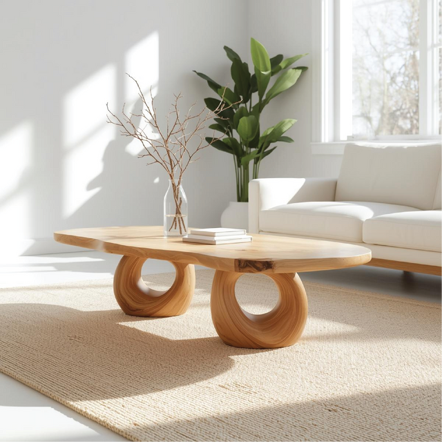 Handcrafted Solid Wood Coffee Table with Artistic Circular Base and Natural Smooth Finish