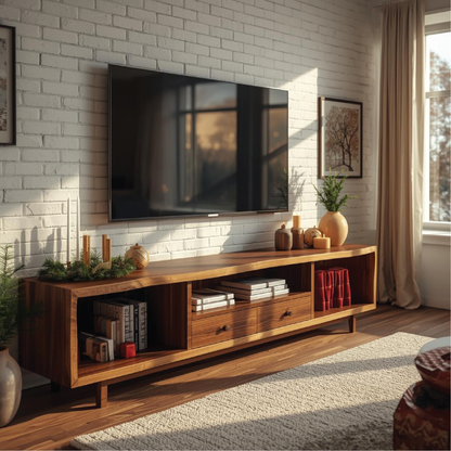 Handcrafted Solid Wood TV Stand with Natural Finish and Modern Storage Design for Living Room